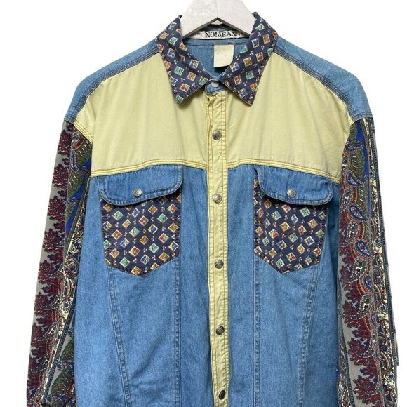 Vintage Denim Shirt Large Patchwork Western Snap Buttons Blue Womens Button Up - Picture 2 of 13